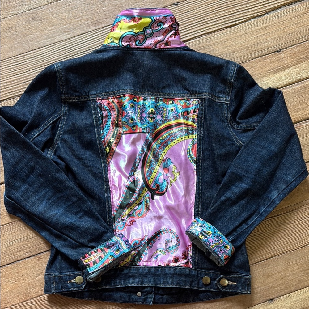 Denim Jacket with Pink Paisley Accents - Picture 2 of 2